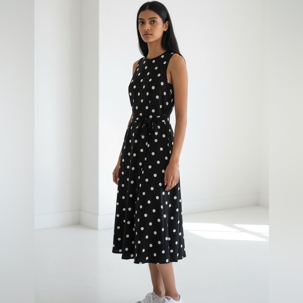 Ralph Lauren Black & White Polka Dot Midi Sleeveless Dress Belted Women’s Size 2 - Picture 2 of 11